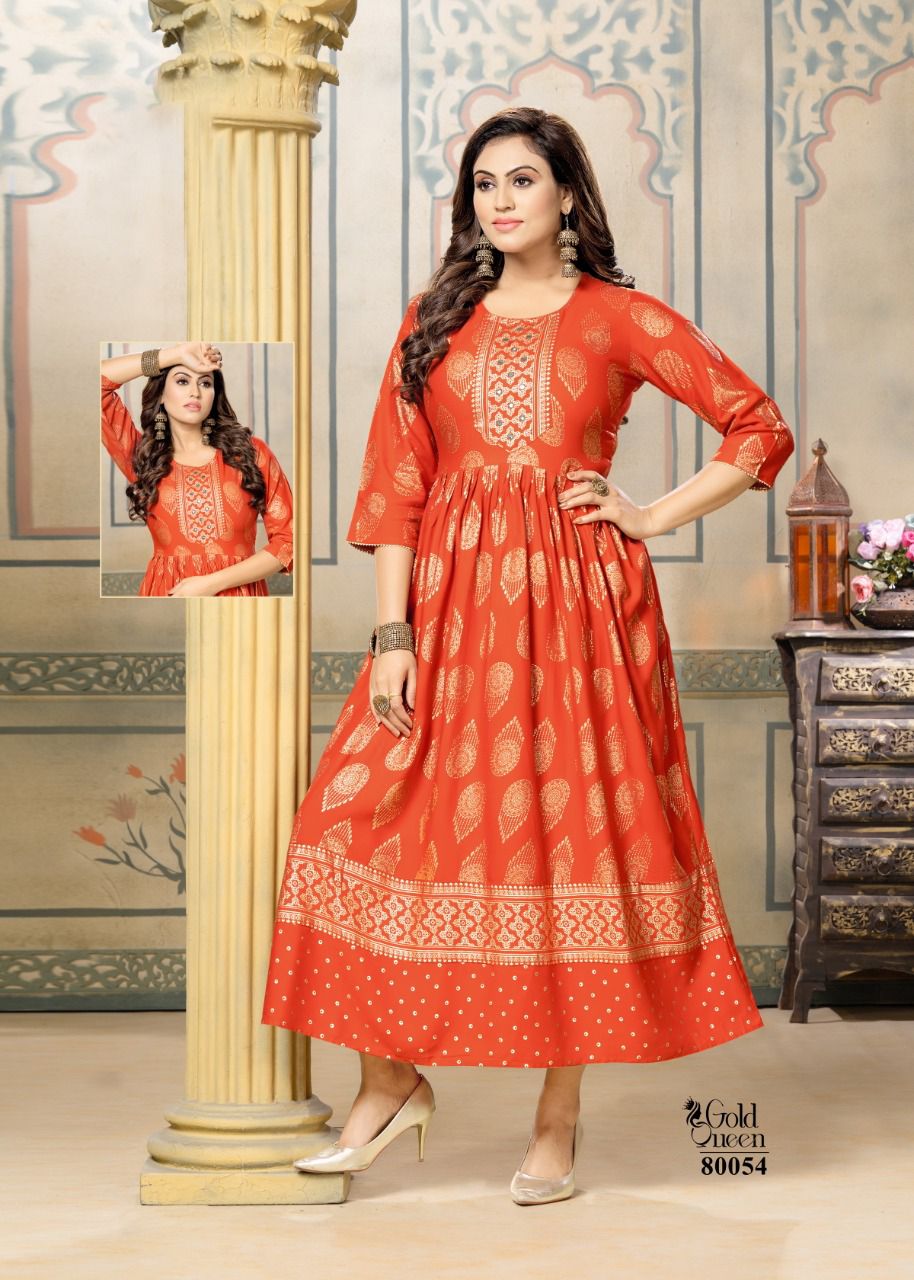 Mayra Gold Queen New Fancy Ethnic Wear Rayon Printed Long Anarkali Kurti Collection